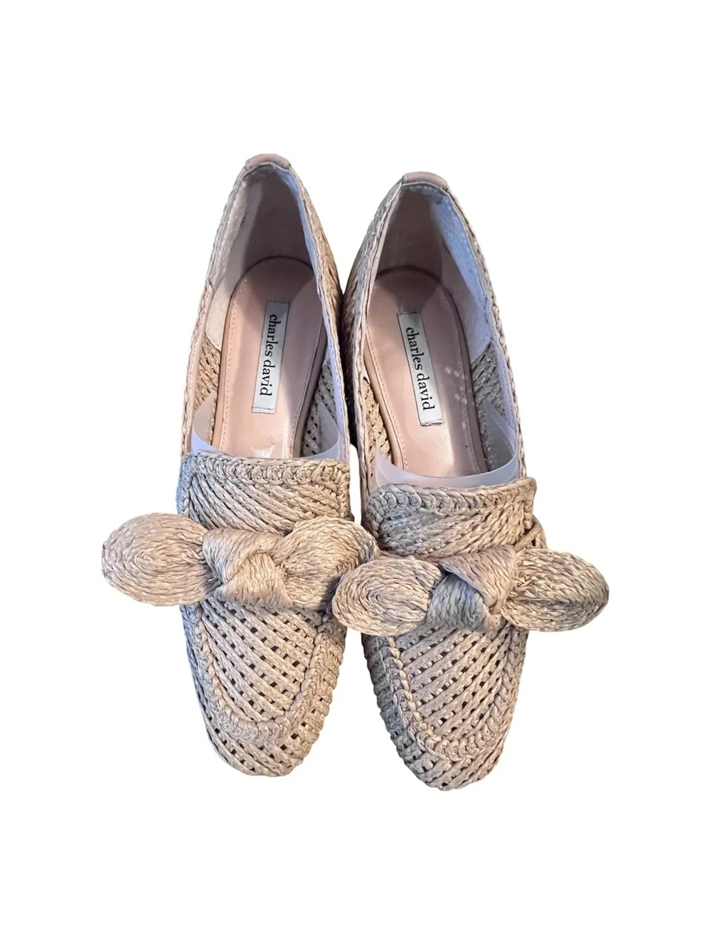 Charles David Finite Natural Woven Raffia Loafer Flats Almond Toe Bow Detail 9M